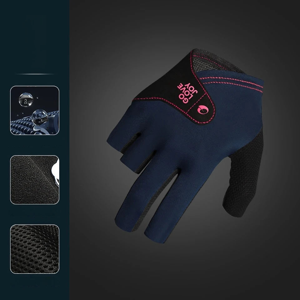 A dark blue snooker pool glove with a black wrist strap and red stitching, shown against a dark background.