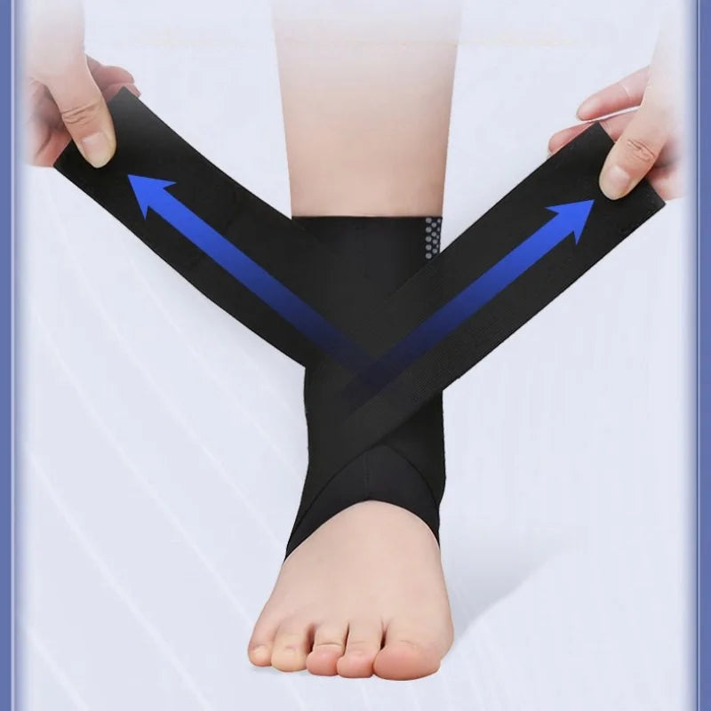 Black adjustable ankle support brace wrapped around a foot and lower leg, showing directional arrows.
