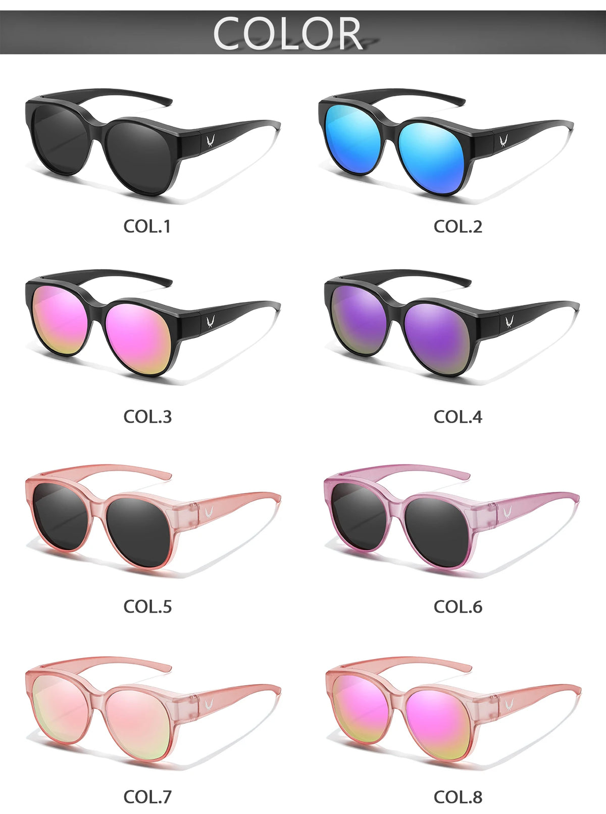 Eight variations of round UV400 sunglasses shown in different colors and styles.