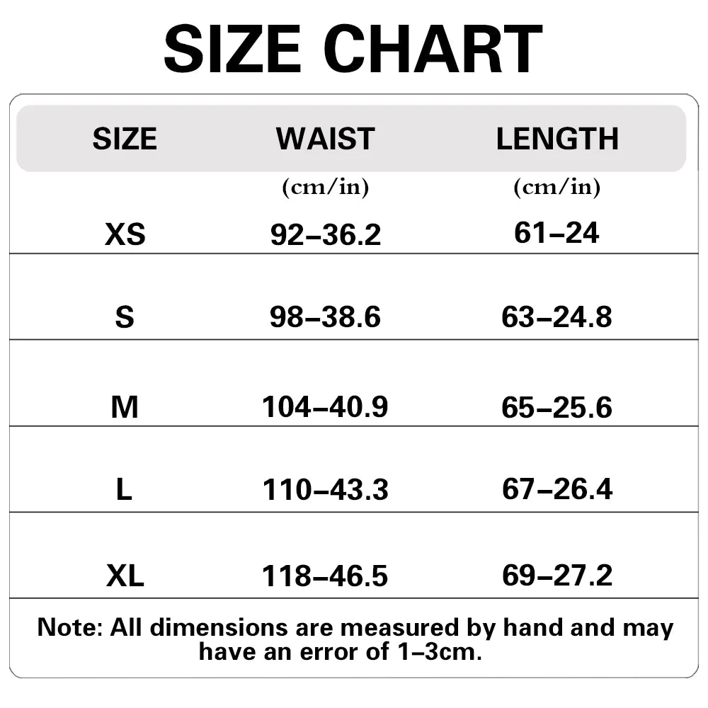 Size chart for women's quick dry moisture-wicking gym t-shirts showing sizes XS to XL with corresponding waist and length mea