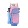 A pink and blue adjustable water bottle carrier pouch with a clear silicone bottle top.