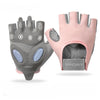 A pair of pink and gray anti-slip yoga and fitness gloves shown against a white background.