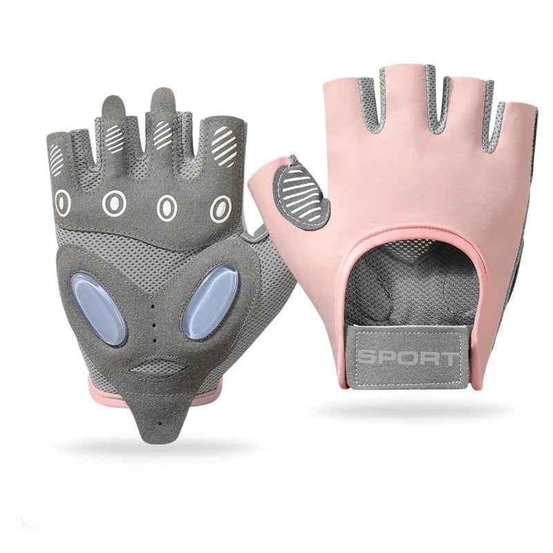 A pair of pink and gray anti-slip yoga and fitness gloves shown against a white background.