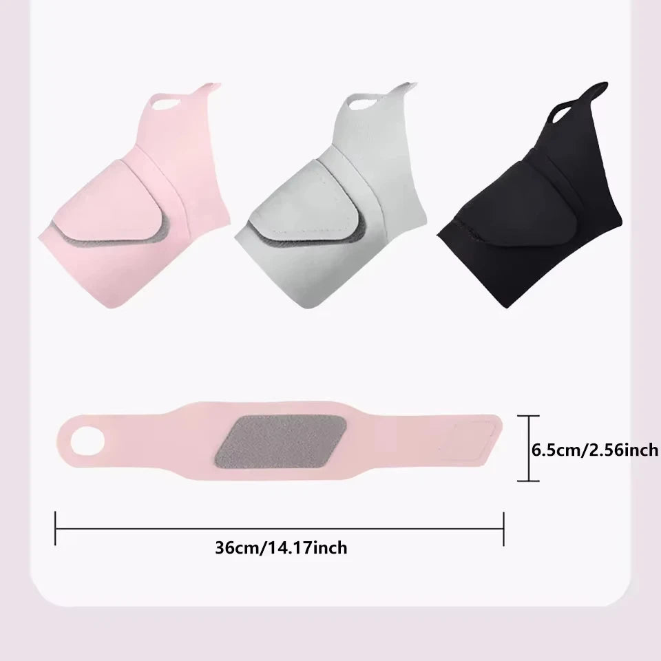 Tres soportes elásticos ajustables de muñeca en rosa, plata y negro mostrados en versión plana.