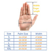 Hand measurement guide showing palm width and middle finger length for sizing motorcycle off-road riding gloves