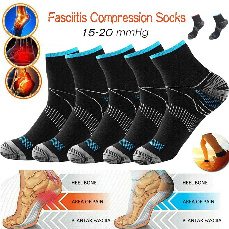 Black compression socks designed for fasciitis and compression, showing the heel bone and plantar fascia area.