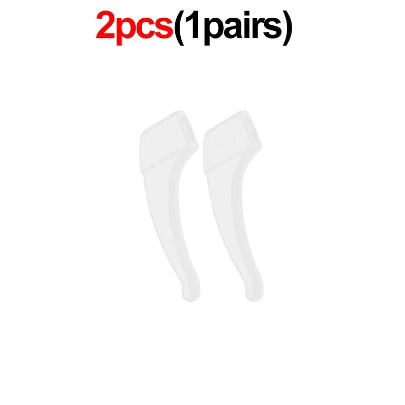 Two white silicone eyeglass ear hooks for anti-slip grip