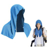 A bright blue instant cooling neck gaiter is shown being worn by a smiling woman in an outdoor setting.