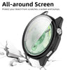 A black smartwatch is shown with a cracked screen, illustrating protection from scratches, cracks, and bumps.