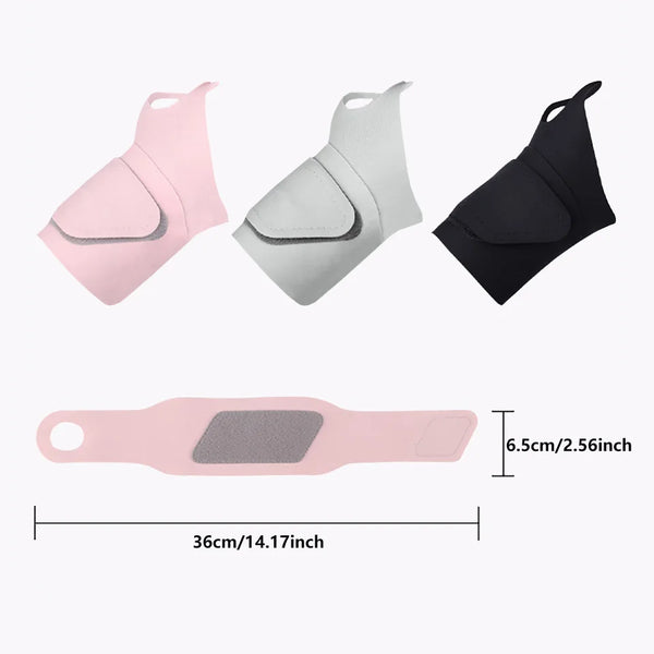 Three adjustable wrist braces in pink, gray, and black shown with a length measurement.
