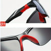 Details show the frame and lens of polarized sport sunglasses, highlighting the black and red accents.