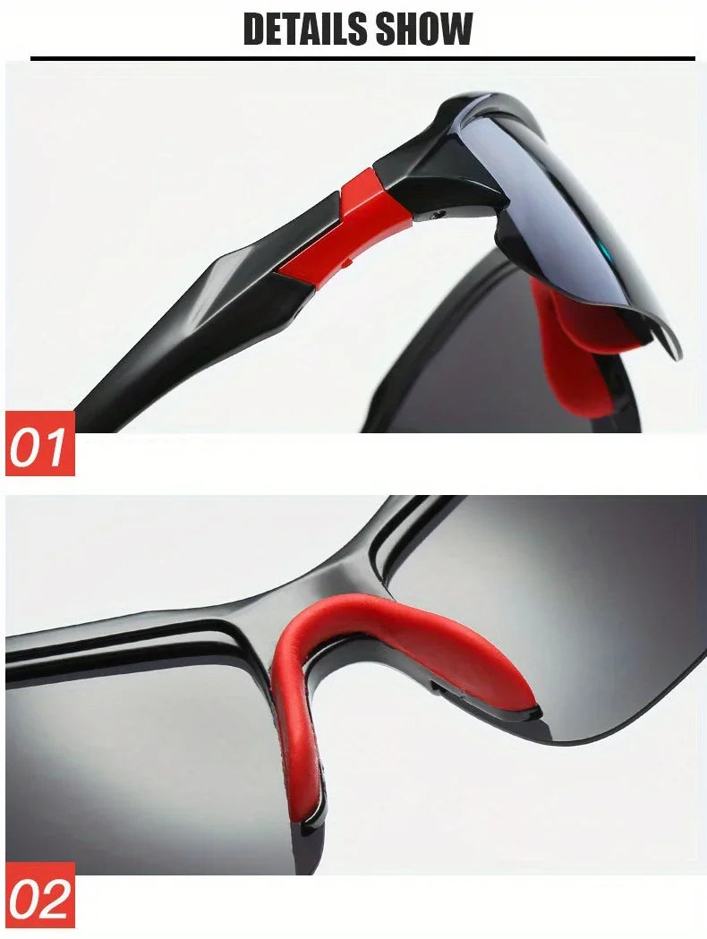 Details show the frame and lens of polarized sport sunglasses, highlighting the black and red accents.
