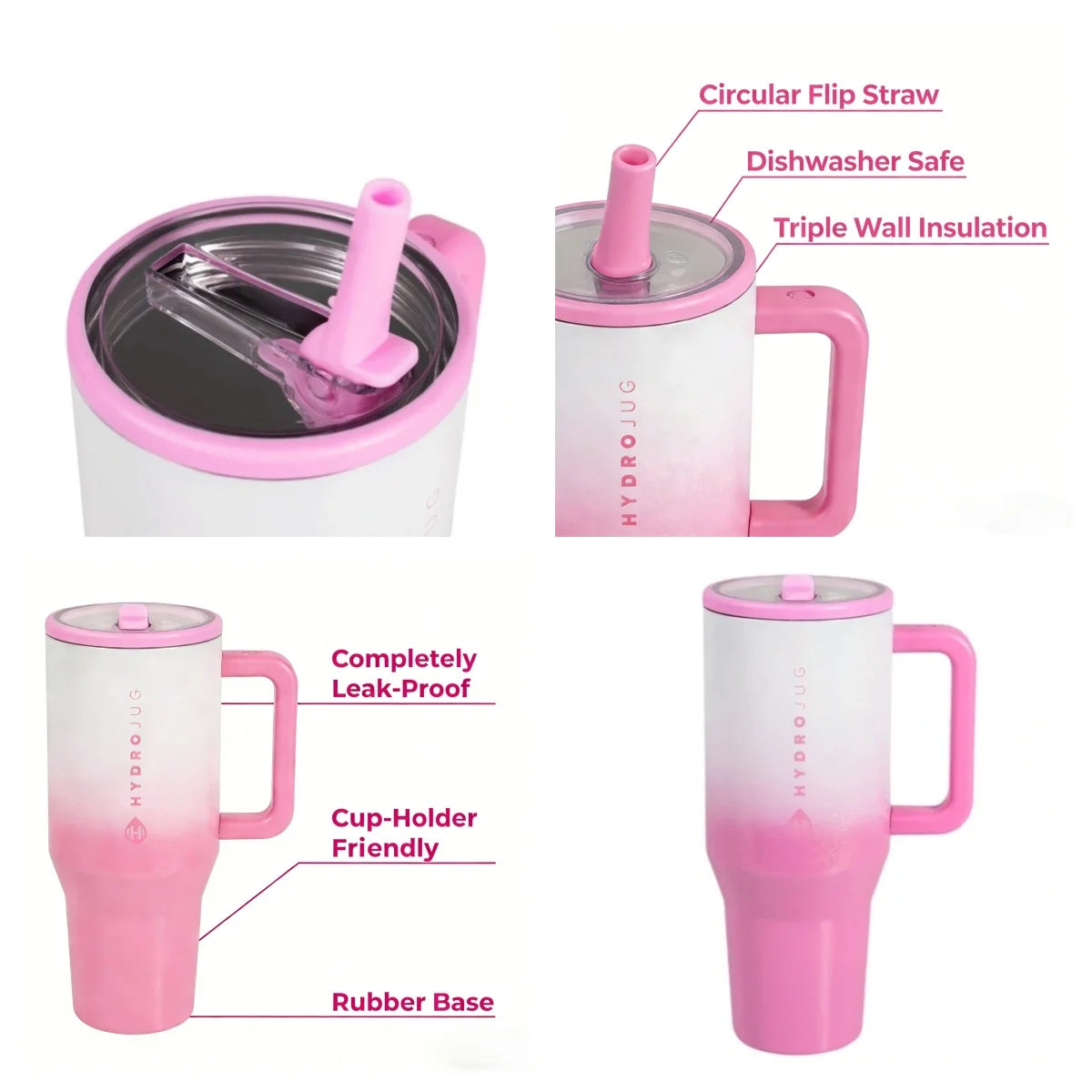 Pink insulated stainless steel water bottle with handle and flip straw featuring triple wall insulation and dishwasher safe d