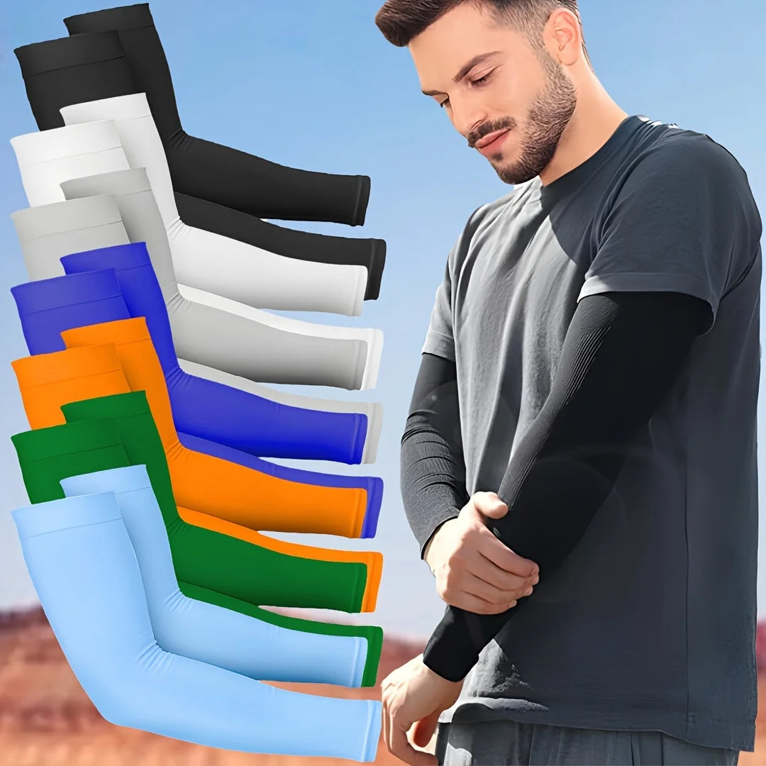 Un hombre con una camisa oscura sostiene una manga de brazo azul, con varias mangas de brazo de colores expuestas cerca.