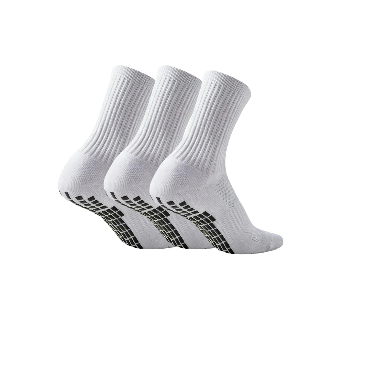 Une paire de chaussettes de football antidérapantes en silicone blanches, vue de côté.