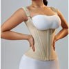 A woman models a beige adjustable body shaper corset vest top with a white bust underneath.