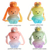 Four gradient colored bear-shaped water bottles with straws and straps: orange blue, yellow blue, powder blue, and green purp