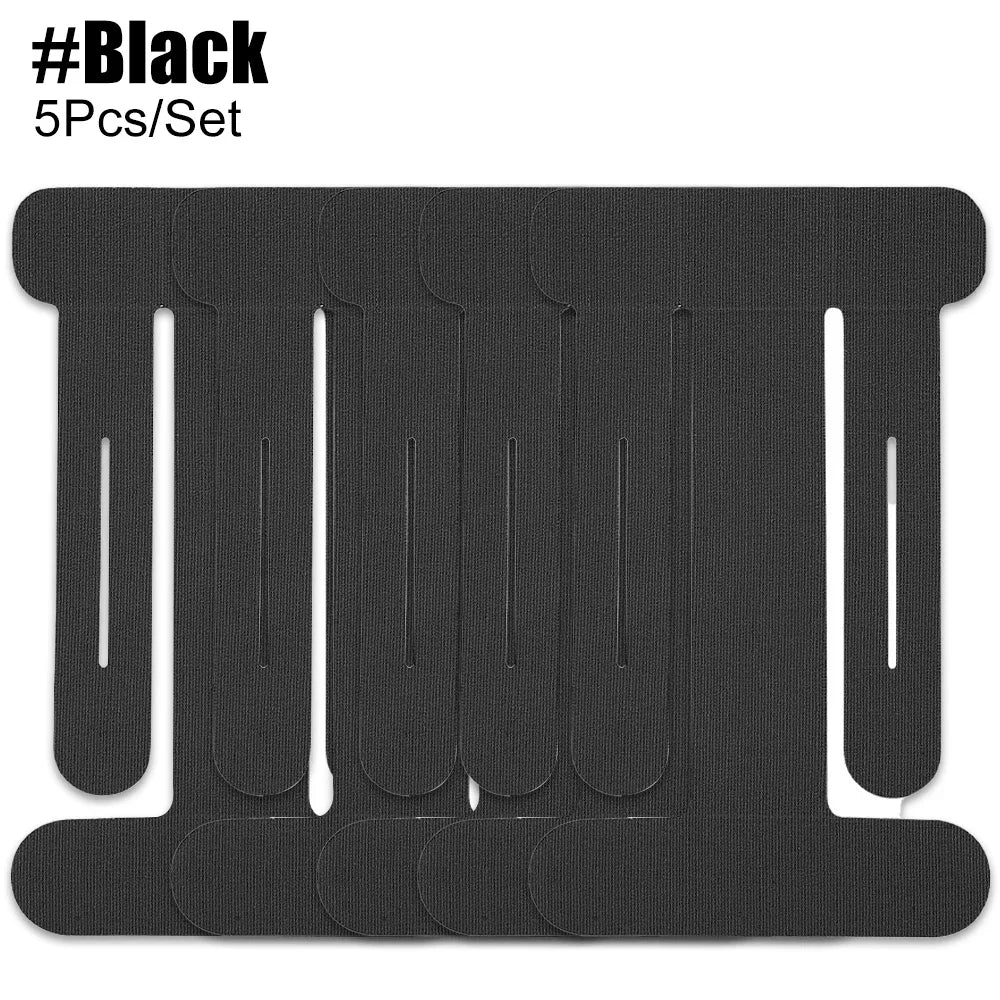 A set of five black kinesiology support tapes for joint relief.