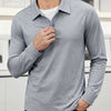 A man wearing a light gray breathable casual polo shirt with a collar and button placket.