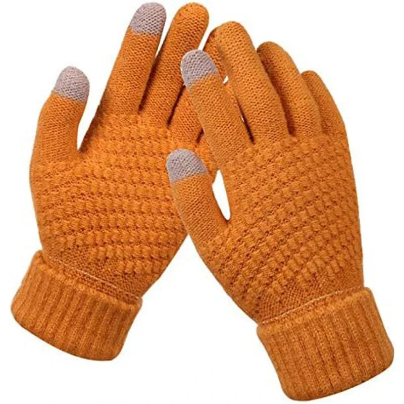 A pair of orange knitted insulated winter gloves with light gray accents.