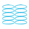 A set of five bright blue elastic sports headbands laid out in a row.