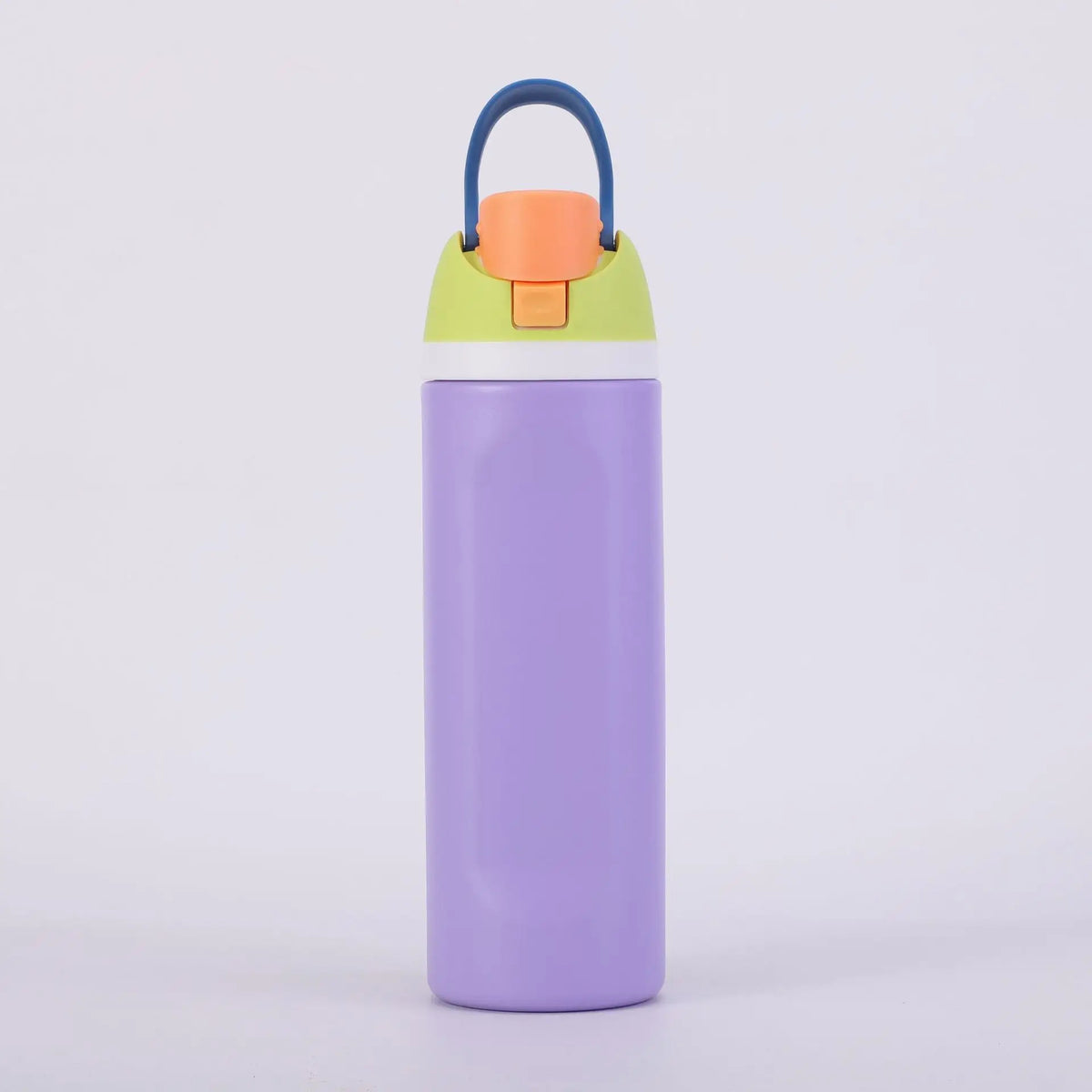 A purple stainless steel insulated fitness cup with an orange lid and blue straw loop.