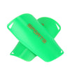 A bright green soccer shin guard is shown in a diagonal orientation.