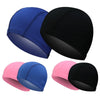 A set of four ultra-thin nylon swimming caps in blue, black, pink, and blue are shown from different angles.