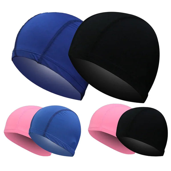 Ein Set von vier ultrafeinen Nylon-Schwimmhauben in Blau, Schwarz, Pink und Blau aus verschiedenen Winkeln.