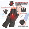 A woman is wearing black compression hand gloves, demonstrating their fit and features for joint relief.