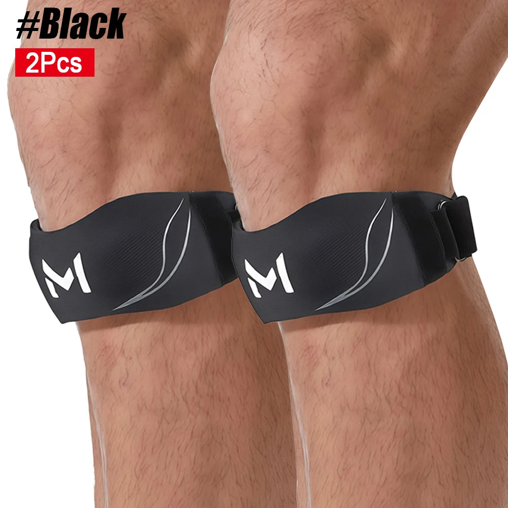 Black adjustable patellar tendon support knee braces shown on a person's leg.