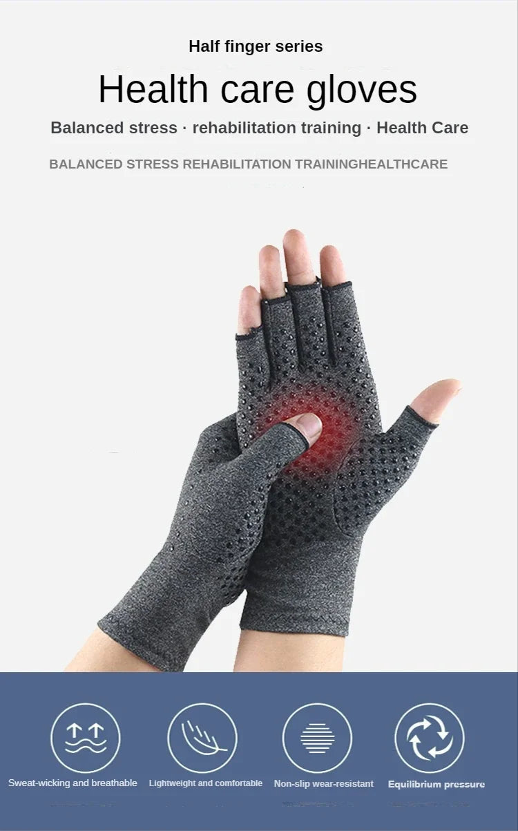 Eine Hand trägt dunkelgraue Kompressionstherapiehandschuhe, die das Produkt für die Gesundheitsversorgung demonstriert.