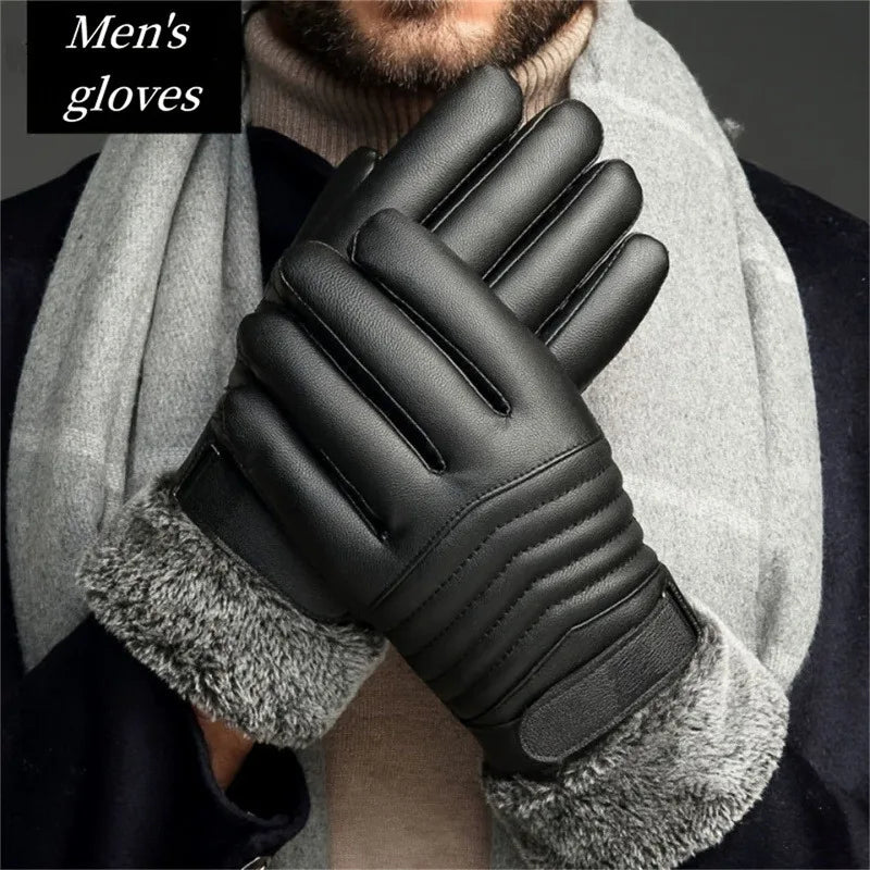 Black leather ski gloves worn by a man, featuring a gray scarf and fur trim.
