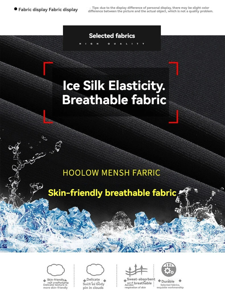 Image showing fabric displays, including Ice Silk Elasticity and Hoowlow Mens Farric, emphasizing breathable fabrics.