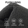 Close-up of black plush lined winter gloves showing features like windproof, elastic comfort, and skin-friendly material.
