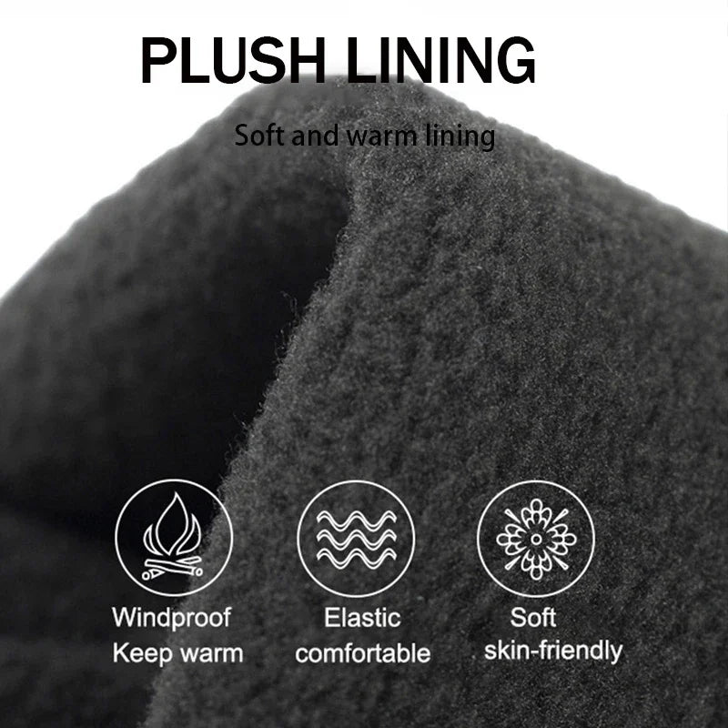 Close-up of black plush lined winter gloves showing features like windproof, elastic comfort, and skin-friendly material.