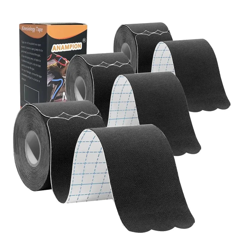 Rolls of black kinesiology tape for joint and muscle support with an Anampion box visible.