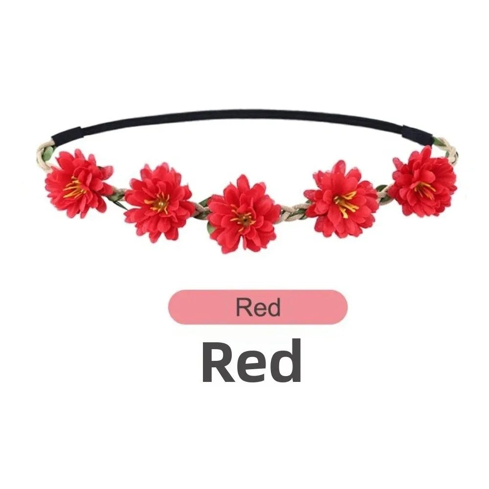 Red floral rose wreath crown headpiece on a black elastic band