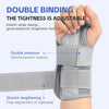 Gray elastic wrist support brace demonstrating double binding and stretch lengthening features.