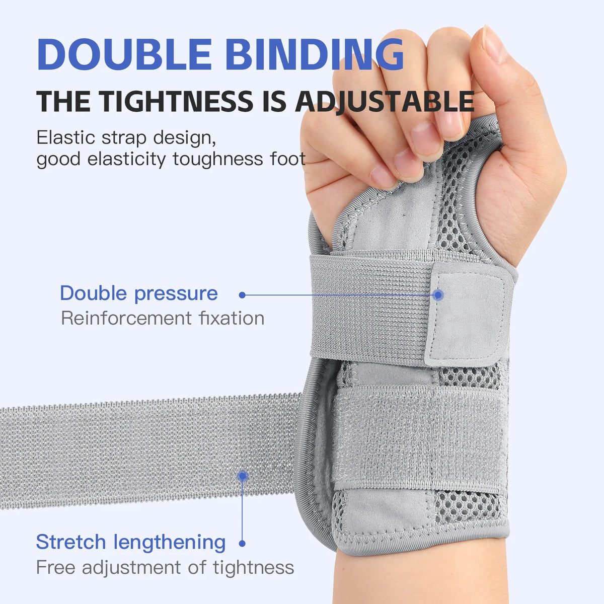 Gray elastic wrist support brace demonstrating double binding and stretch lengthening features.