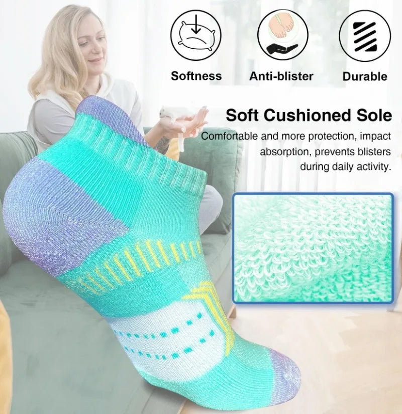 A pair of light blue and purple cushioned ankle socks is shown next to a woman, highlighting features like softness, anti-bli