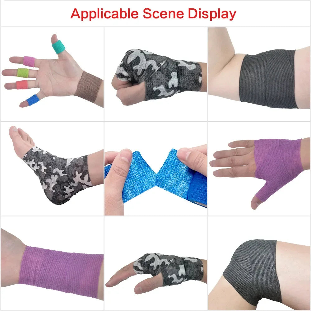 Various camouflage and solid colored elastic bandage wraps applied to different parts of the hand and arm.