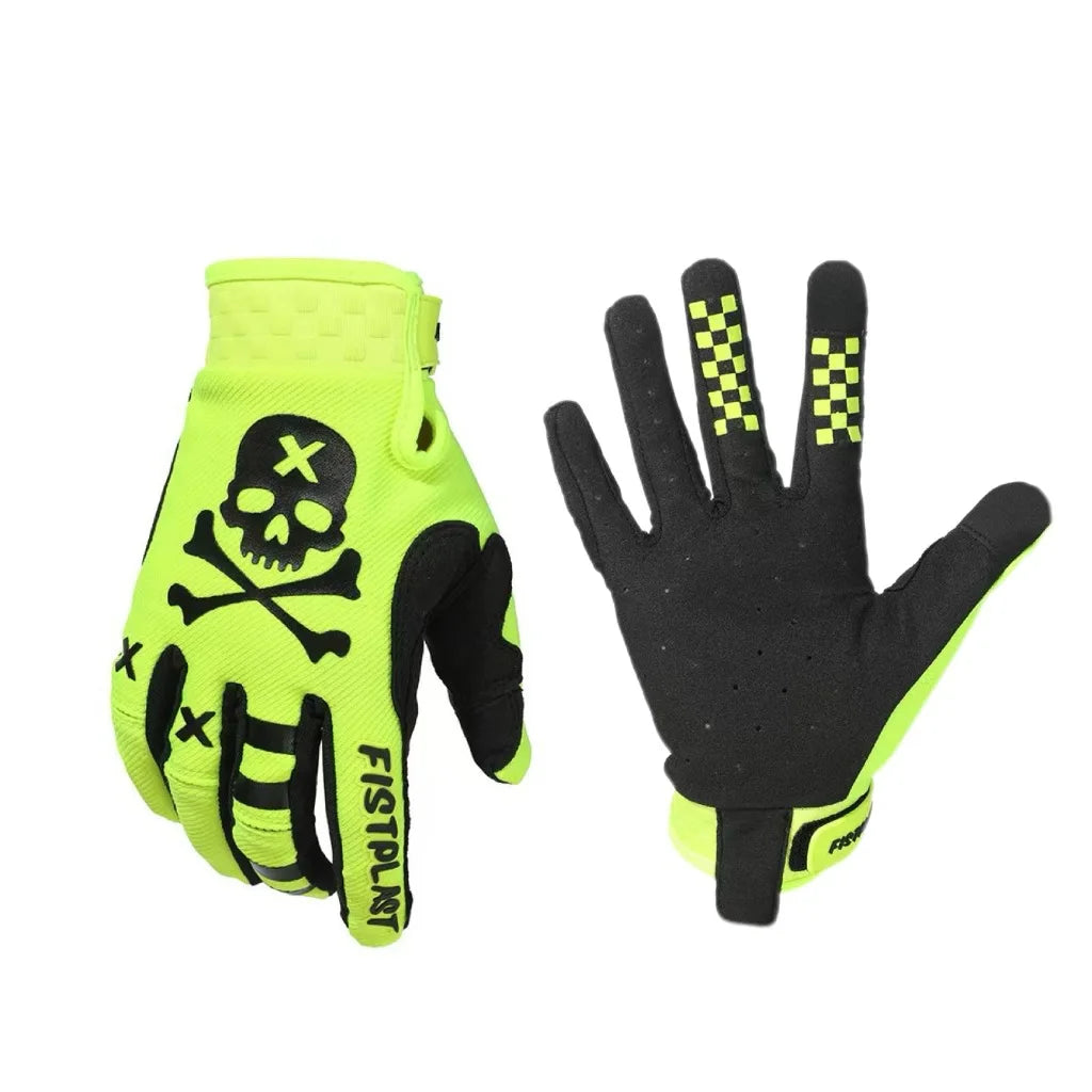 Neon yellow and black full finger motocross motorcycle gloves with skull and crossbones design