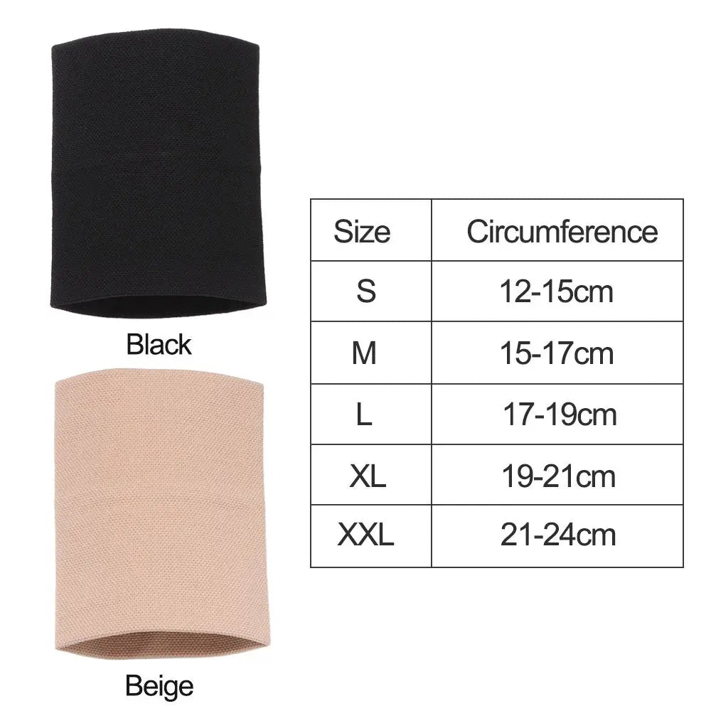 Manches de soutien pour poignet en noir et beige avec mesures de circonférence correspondantes.