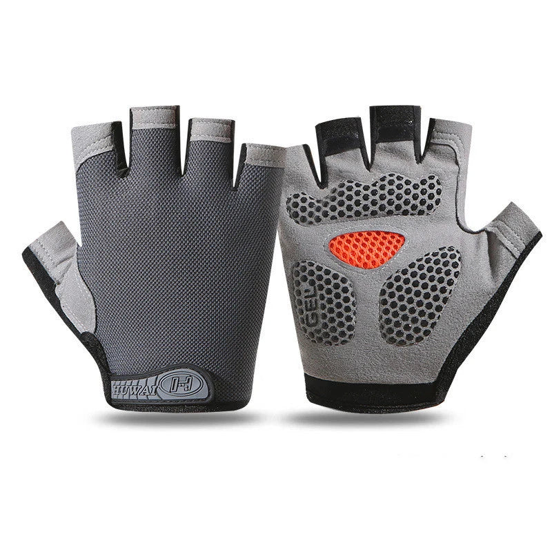 A pair of gray gym workout gloves with textured palms and an orange accent on the palm of one glove.