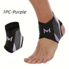 A purple ankle compression strap is shown wrapped around a person's foot and ankle.