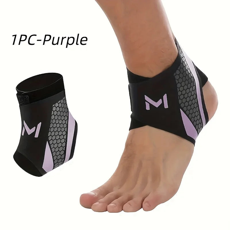 A purple ankle compression strap is shown wrapped around a person's foot and ankle.