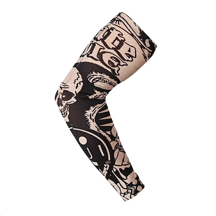 Black and beige patterned breathable arm sleeves shown on a person's arm.