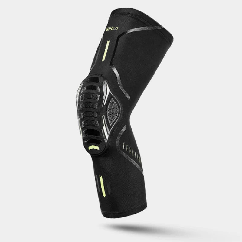 Black performance knee compression sleeve with yellow accents shown from the side.