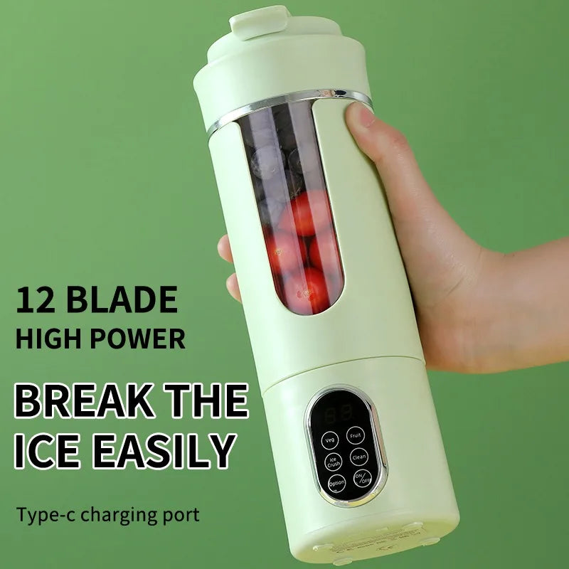 A hand holds a light green portable electric juicer with a clear crushing blade and a Type-c charging port.